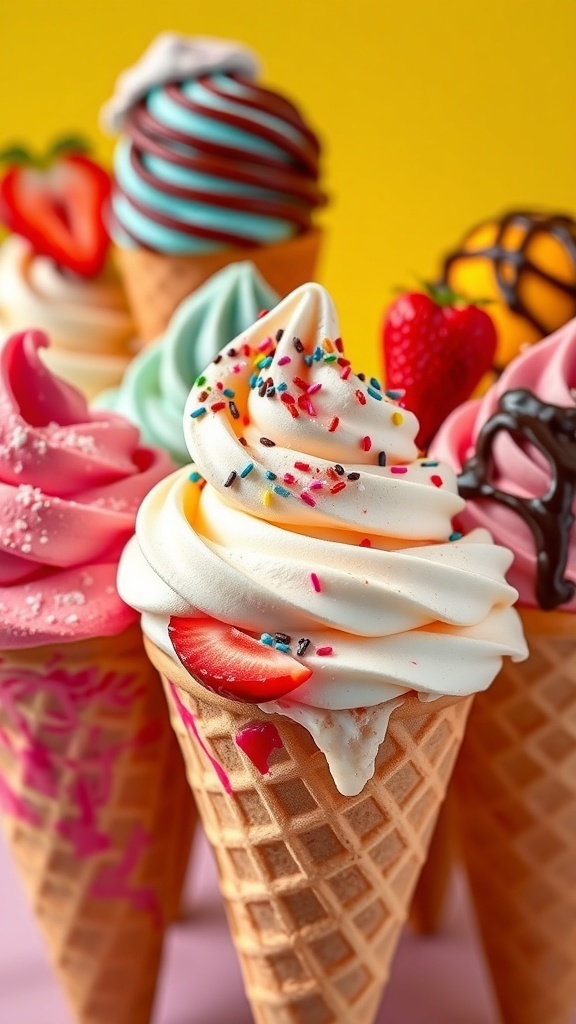 Colorful ice cream cones with various toppings against a bright background.